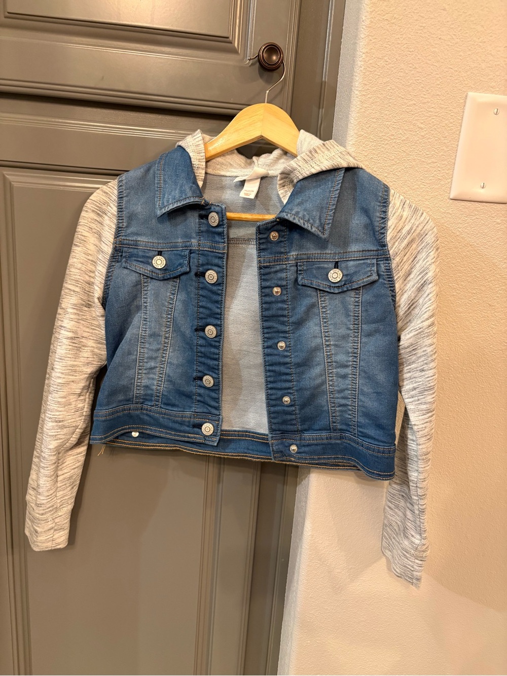 Girl’s Denim Jacket with Gray, Cat Hood and Sleeves, Sz 7/8